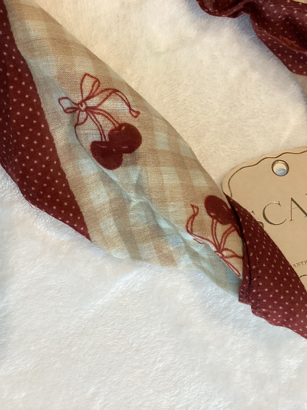🍒Anthropologie Printed Bandana Cotton Scarf Hair Head Bag New Gingham Cherries - Picture 5 of 8